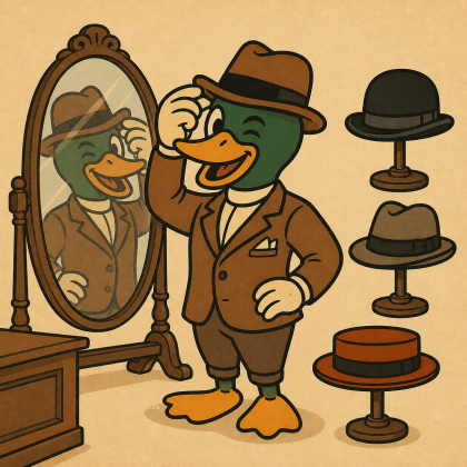 Mascotte Mistercanne essayant plusieurs formes de chapeaux devant un miroir