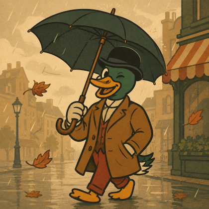 Mascotte Mistercanne marchant sous un parapluie solide sous la pluie