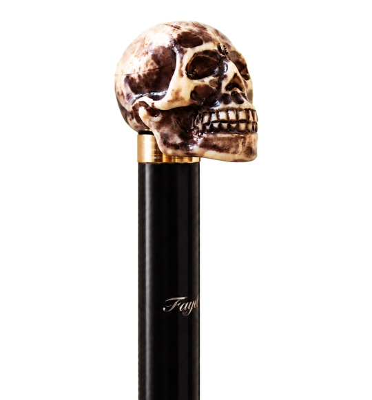 Canne tête de mort Fayet 2292, pommeau en résine imitation os vu de trois quarts et fût noir
