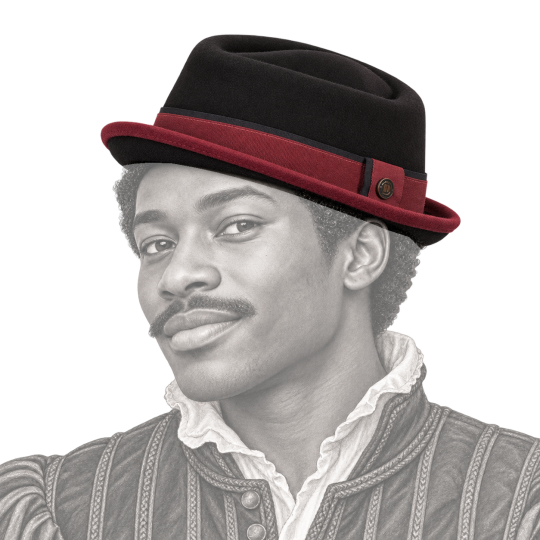 Pork pie Edward porté par un jeune homme Renaissance moustachu