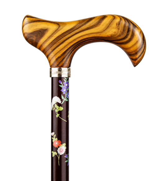 Canne Fayet fleurie avec poignée Derby en bois sur fond transparent