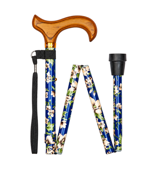 Canne pliante William Morris – fleurs bleues et poignée bois – vue pliée sur fond transparent