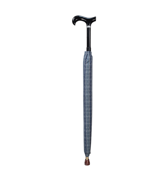 Parapluie-canne L’Écossais – canne amovible, motif à carreaux – vue complète sur fond transparent