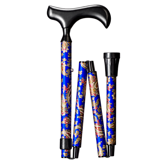Canne pliante Gastrock Paisley bleue – poignée Derby Neck – présentation sur fond transparent