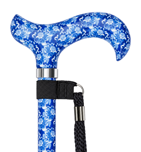 Canne bleue à fleurs avec poignée Derby et dragonne sur fond transparent