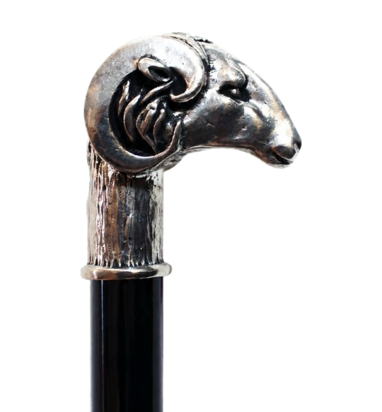 Canne de luxe Bélier avec poignée sculptée en étain et fût noir