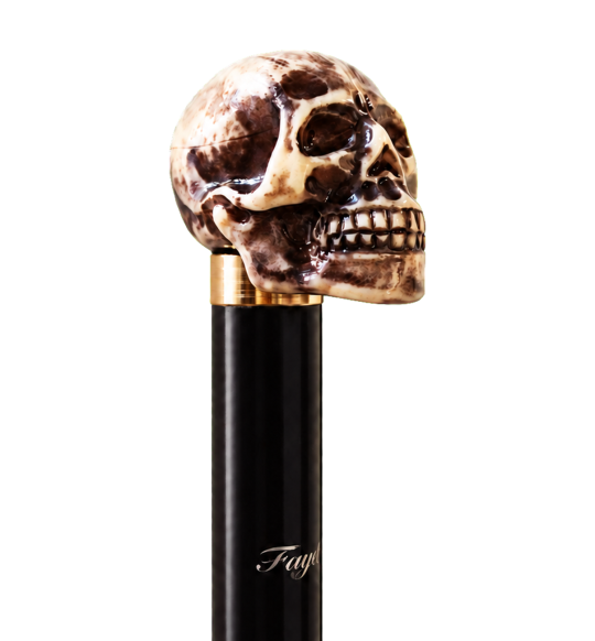 Canne tête de mort Fayet 2292, pommeau en résine imitation os vu de trois quarts et fût noir
