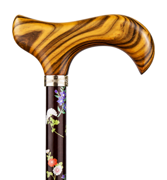 Canne Fayet fleurie avec poignée Derby en bois sur fond transparent