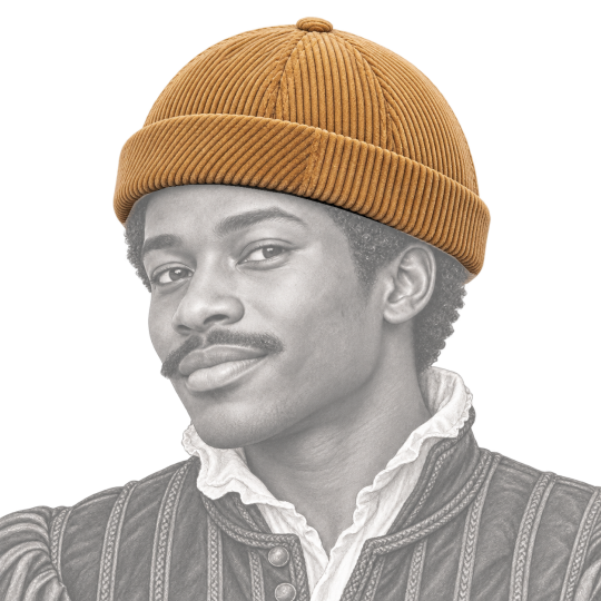Miki velours beige porté par un jeune homme Renaissance moustachu
