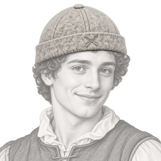 Miki en feutre gris Béton Ciré porté par un jeune personnage Renaissance