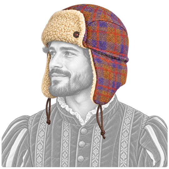 Chapka Mylo Purple Dasmarca en tweed de laine – portrait dessiné au crayon, personnage Renaissance