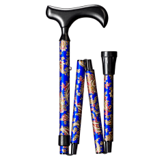 Canne pliante Gastrock Paisley bleue – poignée Derby Neck – présentation sur fond transparent