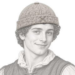 Miki en feutre gris Béton Ciré porté par un jeune personnage Renaissance