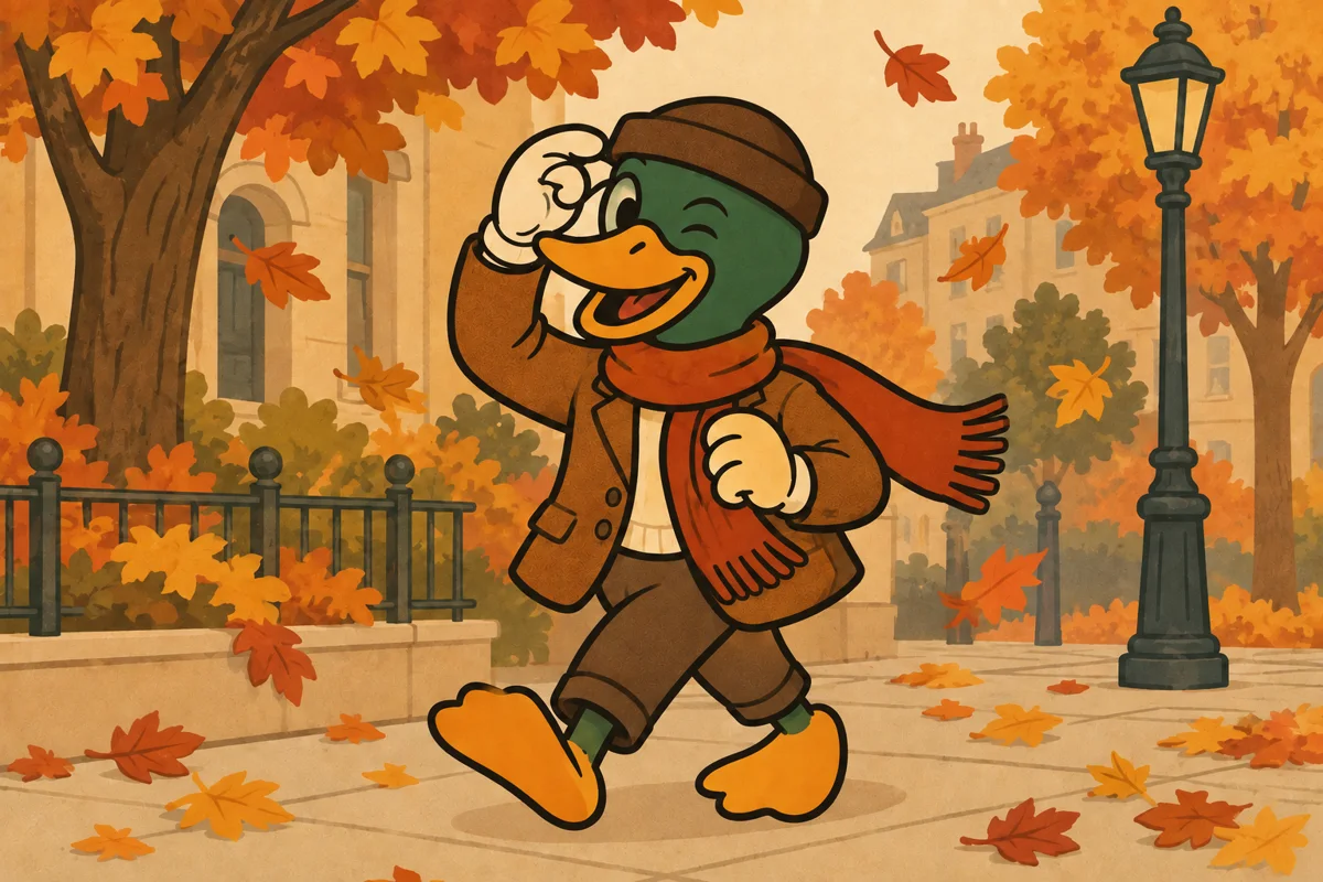 Mascotte Mistercanne portant un Miki dans une rue en automne