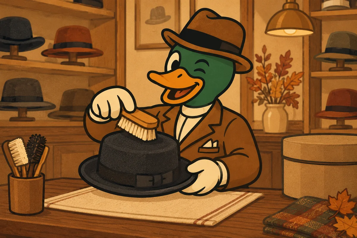 La mascotte Mistercanne brosse doucement un chapeau en feutre