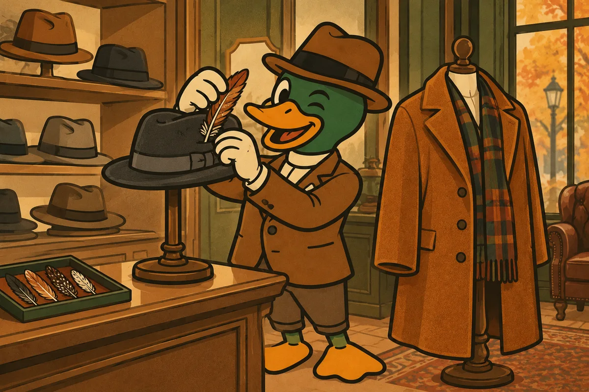La mascotte Mistercanne compose une tenue avec un chapeau &agrave; plume et un manteau