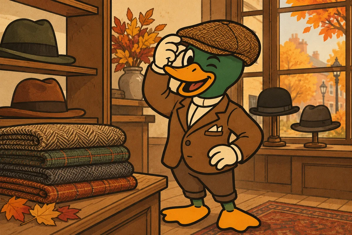 La mascotte Mistercanne essaie une casquette plate dans une boutique aux couleurs automnales