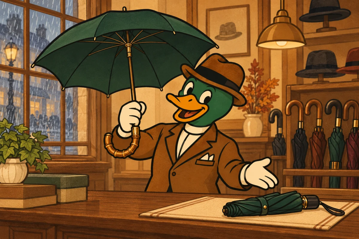 La mascotte Mistercanne pr&eacute;sente un parapluie &agrave; poign&eacute;e bambou dans sa boutique